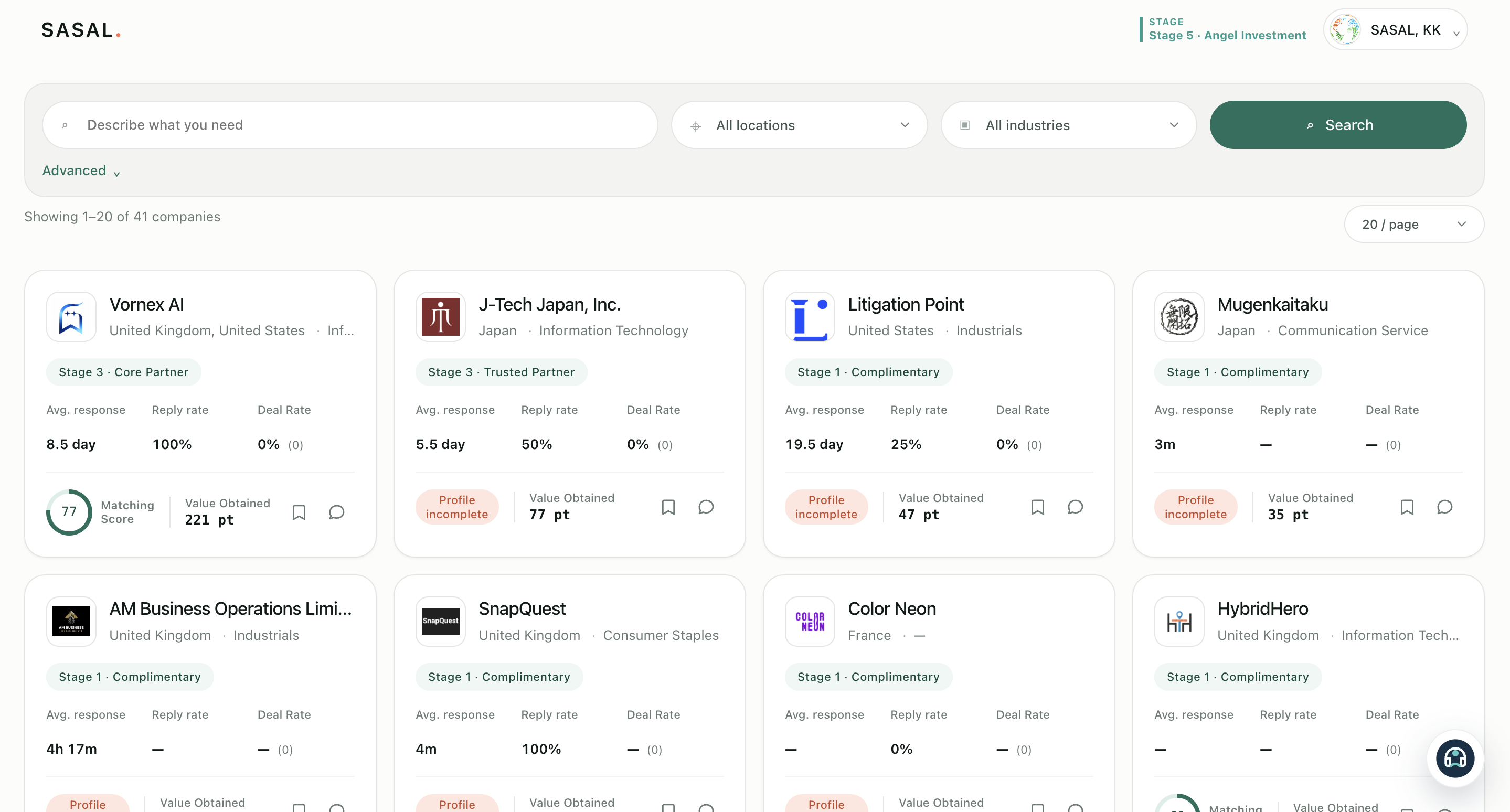 The renewed SASAL company directory, showing filters and company cards with matching context.