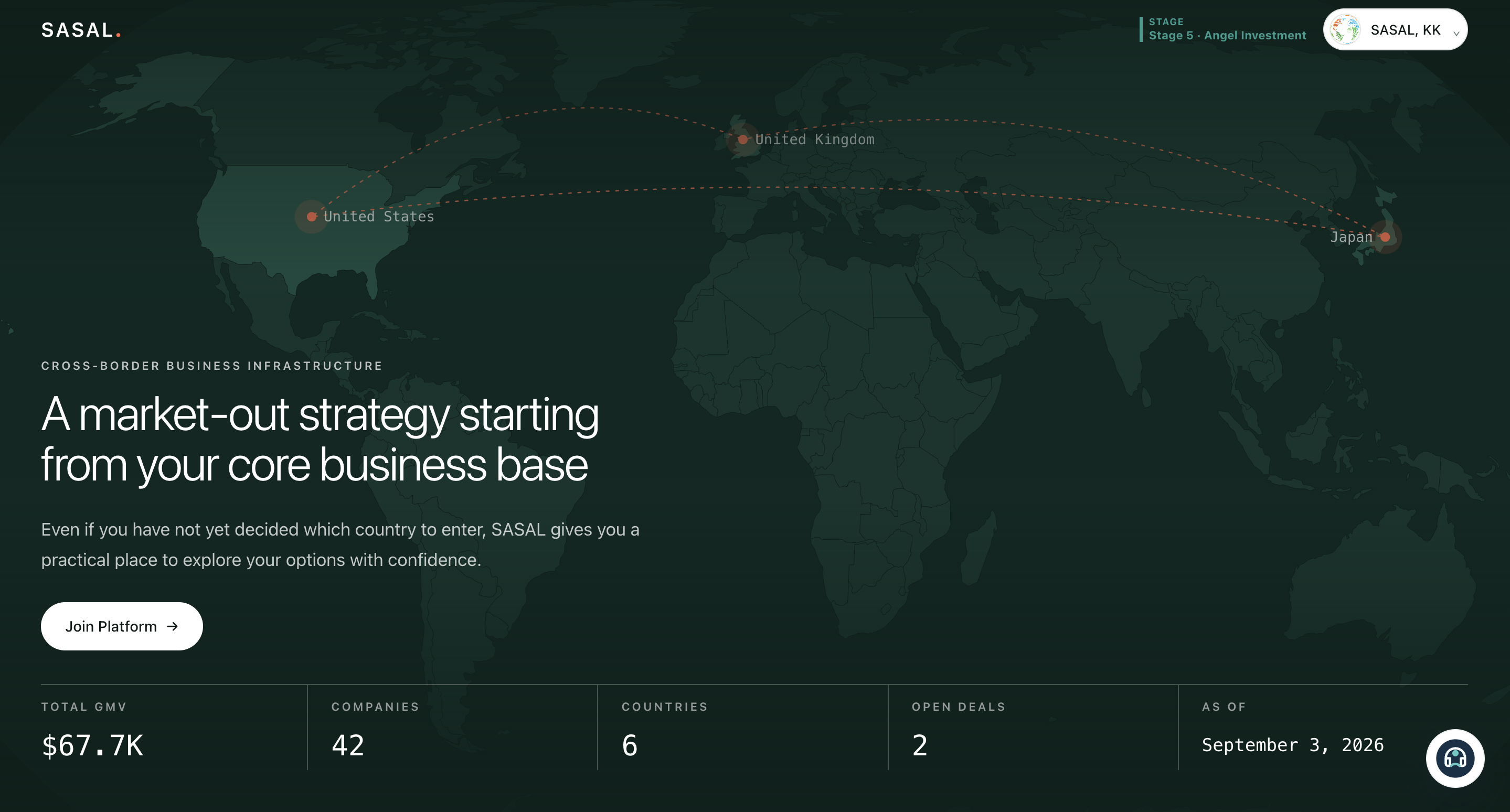 The renewed SASAL homepage, with a world map and international business activity overview.